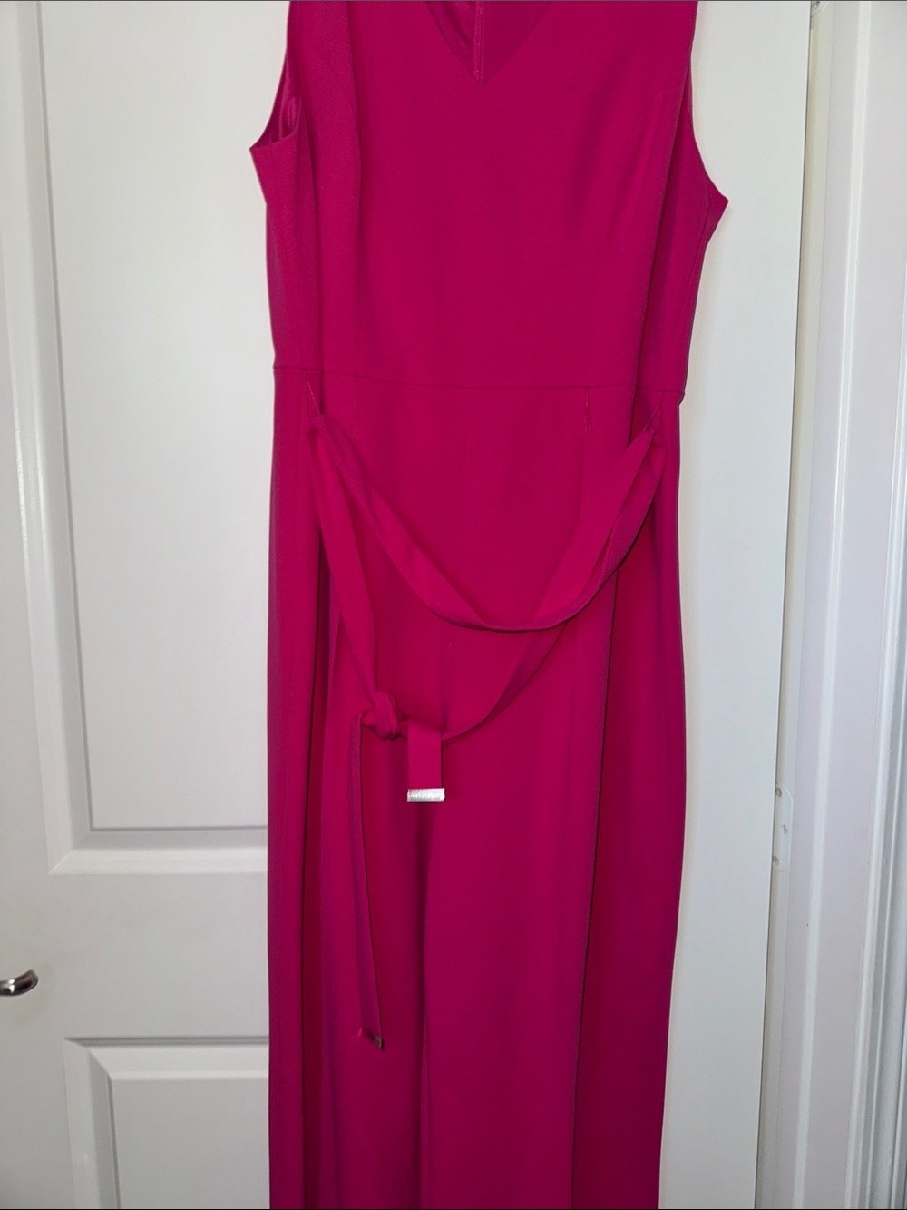 Sleeveless hot pink jumpsuit with Waist Tie petite fits perfect